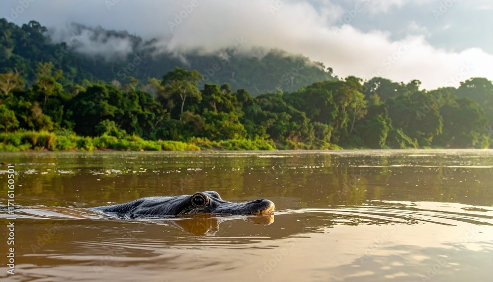 Fototapeta premium Alligator in Natural Habitat on a River in Tropical Forest