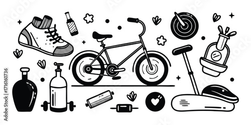 Fitness and gym equipment collection featuring bicycle sneaker water bottle and exercise machines