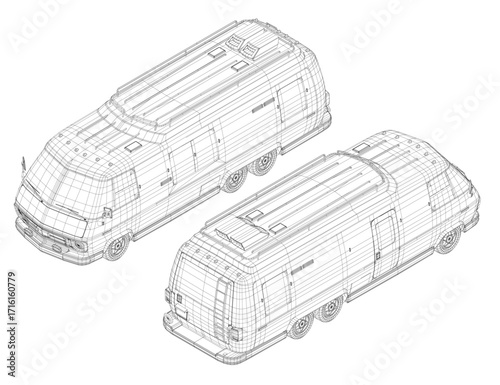 A 3D wireframe model of a van on a white background, featuring detailed headlights, grille, and wheels. Isometric view. 3D