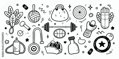 Doodle fitness gym workout elements collection healthy lifestyle icons abstract art