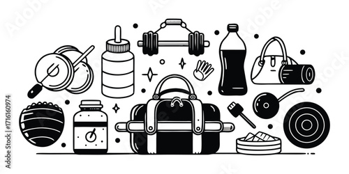 Fitness gym equipment collection workout gear sports nutrition accessories for healthy lifestyle