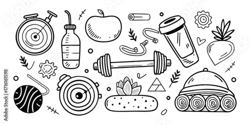 Doodle style fitness equipment and healthy food elements for gym motivation