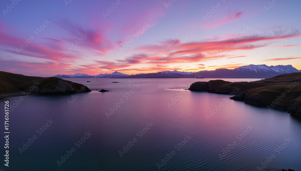 Fototapeta premium Scenic sunset over tranquil lake with distant mountains and colorful sky 