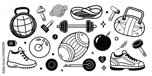 Fitness workout gear collection sketch art for gym enthusiasts and athletes