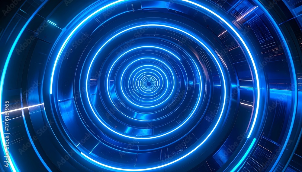 Obraz premium Abstract blue neon light tunnel with glowing concentric circles creating a futuristic digital vortex effect, symbolizing data flow and technology.