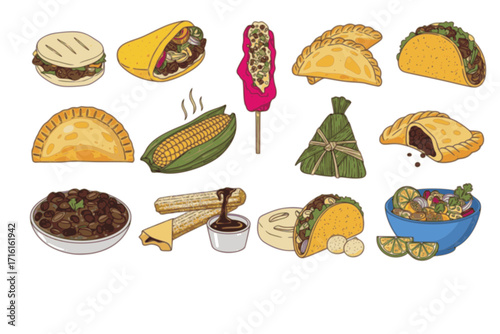 Collection of Hand-Drawn Flat Latin American Street Food Dishes – Vector Illustrations of Tacos, Arepas, Empanadas, Tamales, and Traditional Latin Cuisine