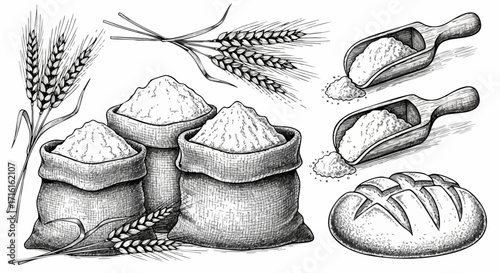 Detailed illustration of flour sacks, wheat, scoops, and a loaf of bread, showcasing the grain-to-bread process.