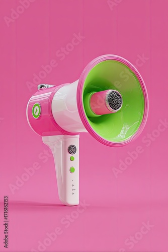Pink and lime green megaphone with a microphone, set against a solid pink background, rendered in a 3D style