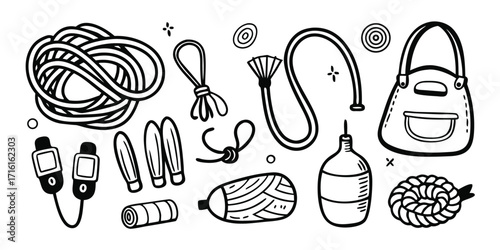 Fitness gear collection skipping rope jump rope hand grips weights workout bag and more