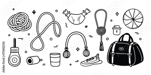 Diverse fitness gear collection jump rope resistance bands gym bag and more