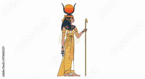 Egyptian goddess with sun disk and horns on her head, holding a staff.