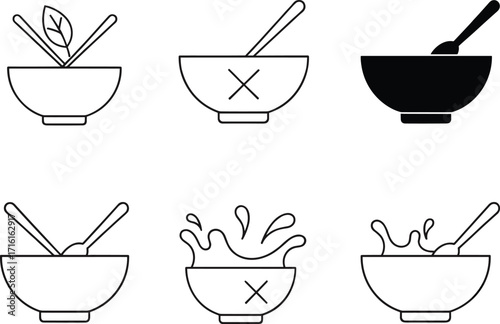 Food bowl icons, cooking silhouette set, mixing utensils, chopsticks and spoon symbols, black kitchen vector, culinary design elements, meal preparation