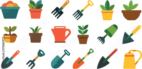 Assorted gardening tools and potted plants pots shovel