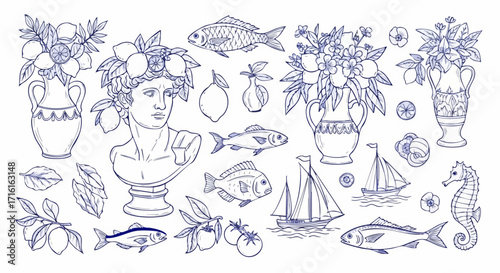 Elegant line art collection featuring classical bust, lemons, fish, sailboats, and seahorse