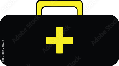Black First Aid Kit with Yellow Cross and Handle on transparent background