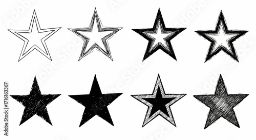 Drawn star shapes collection in various sketchy styles for creative design projects