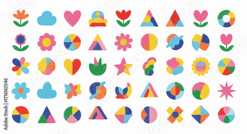 Vibrant hand-drawn shapes and icons for playful design projects, perfect for kids' themes