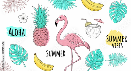 Vibrant tropical summer vibes with flamingo pineapple coconut and aloha text