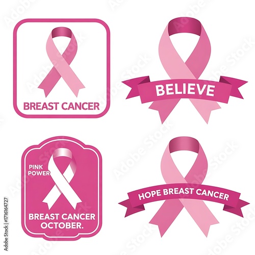 Breast Cancer Awareness Badges and Ribbons Promoting Hope and Belief