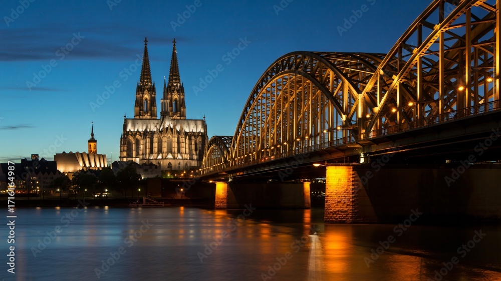 Fototapeta premium Iconic bridge and cathedral illuminated at dusk, reflecting on the river, creating a magical cityscape panorama.