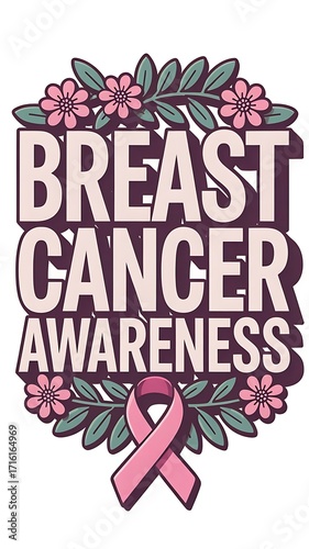 Breast cancer awareness design with ribbon and floral decoration illustration