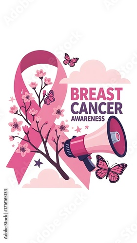 Breast Cancer Awareness Illustration with Pink Ribbon Flowers and Butterflies