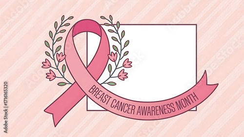 Breast cancer awareness month concept with pink ribbon and floral decoration