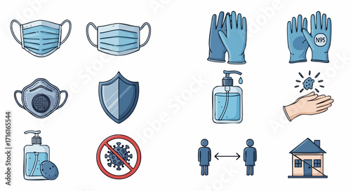 Essential health safety icons for virus protection and social distancing, depicting masks, gloves, sanitizer, and social distance.