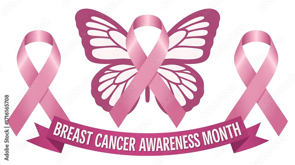 Breast Cancer Awareness Month Symbol With Pink Ribbons And Butterfly Shape
