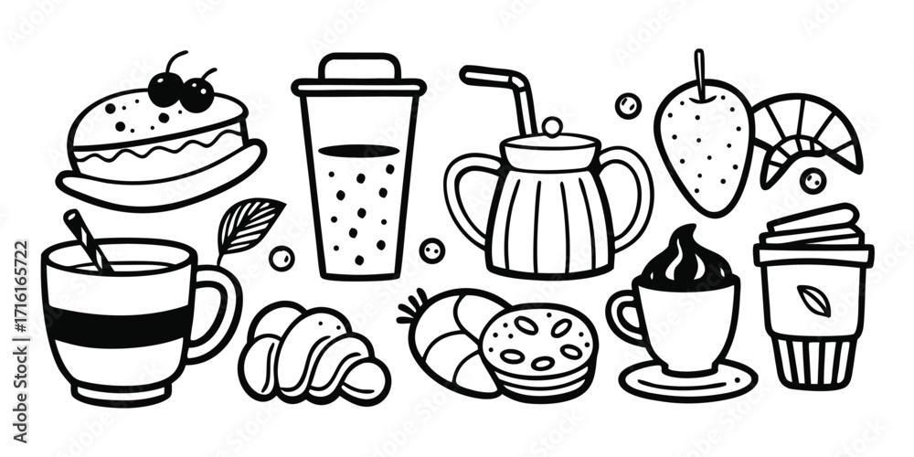 Obraz premium Hand drawn coffee drinks pastries and fruit sketch collection