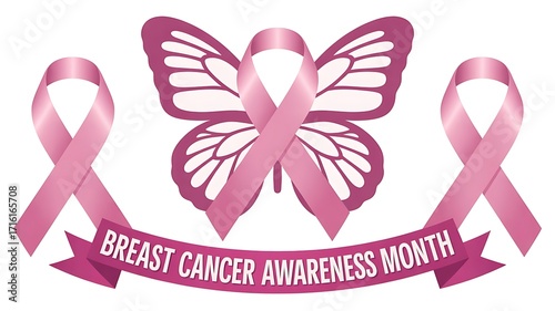 Breast Cancer Awareness Month Symbol With Pink Ribbons And Butterfly Shape