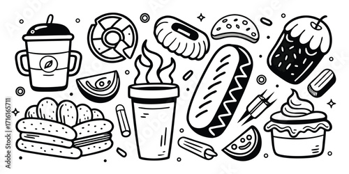 Hand drawn sketchy fast food icons coffee drinks doughnuts hot dogs and cupcakes collection