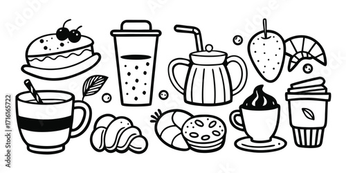 Hand drawn coffee drinks pastries and fruit sketch collection