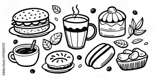 Hand-drawn collection of coffee drinks pastries and burgers for a delightful meal