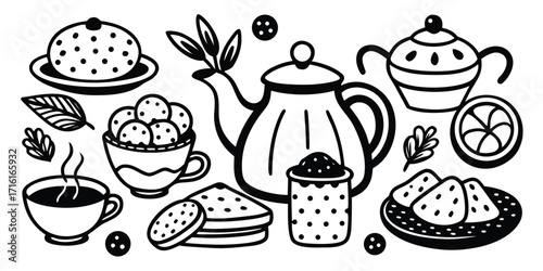 Charming hand drawn tea time elements collection with teapot cups cookies and citrus slice