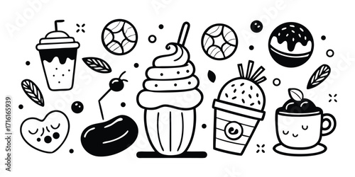 Cute hand drawn desserts and drinks collection kawaii style black and white art