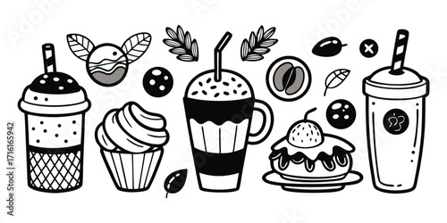 Hand-drawn collection of delicious coffee drinks cupcakes and desserts in sketch art style