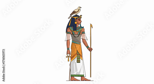 Powerful Egyptian pharaoh with crook and ankh, falcon perched atop her crown, radiating ancient mystique