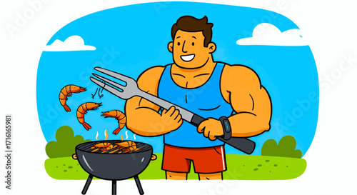 Summer BBQ Muscular Man Grilling Delicious Shrimp