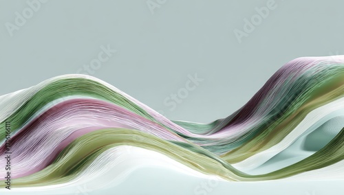 Abstract landscape of pastel-hued, undulating, layered forms resembling flowing fabric or paint against a muted background