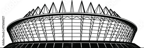 Modern stadium illustration, architectural spire roof, sports arena exterior, black and white vector, contemporary event venue, urban landmark, futuristic building design drawing