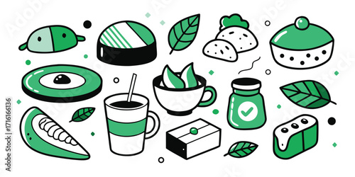 Doodle style food and drink collection artistic sketch of japanese food and beverages