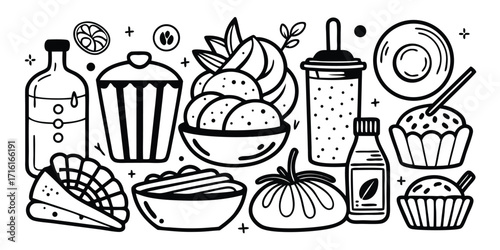 Whimsical hand-drawn food and drink assortment collection diverse culinary icons