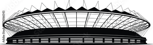Modern stadium illustration, architectural truss roof, sports arena exterior, black and white vector, contemporary event venue, urban landmark, futuristic building design drawing