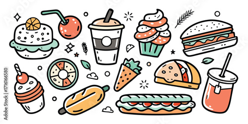 Delightful doodle collection of fast food treats and sweet desserts art