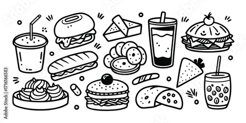Doodle style fast food collection burgers fries drinks and sandwiches for delicious design