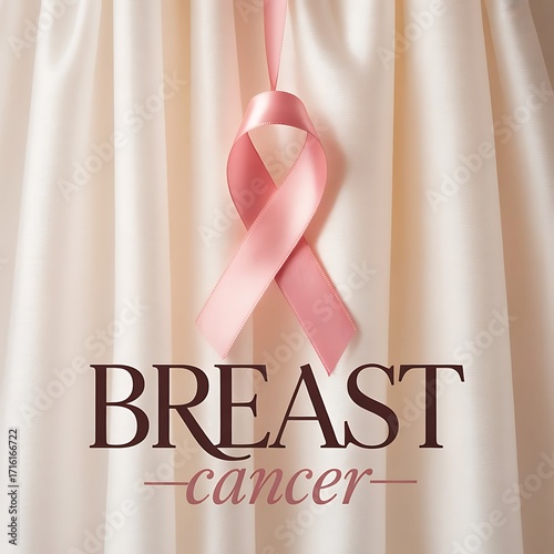 Pink ribbon breast cancer awareness symbol with supportive fabric background