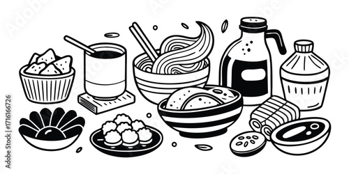 Delicious food and drinks variety in a hand-drawn sketch style with assorted items