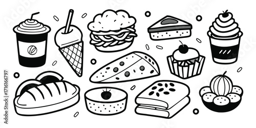 Doodle style food and drink assortment featuring desserts beverages and savory items