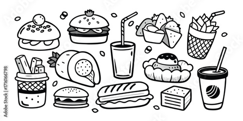 Delicious hand drawn fast food collection with burgers fries drinks and more